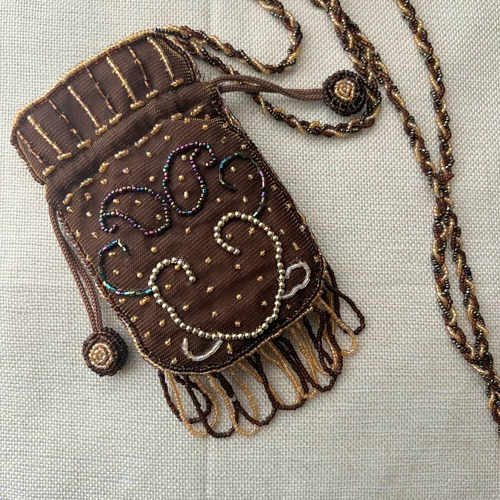 Beaded Bronze Drawstring Tassel Mini Pouch